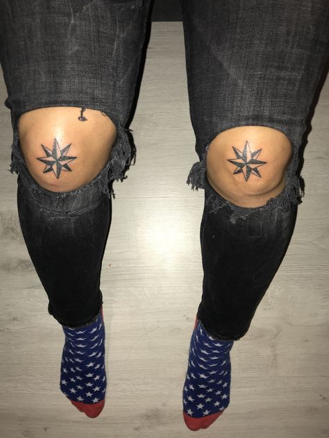 Knee tatoo Stars On Knees Tattoo, Knee Cap Tattoos, Arm Temporary Tattoos, Knee Cap, Knee Tattoo, Compass Rose, Star Tattoos, Temporary Tattoos, Above Knee