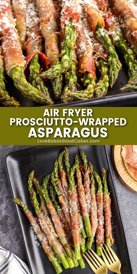 Air Fryer Prosciutto Wrapped Asparagus pin collage Prosciutto Asparagus, Asparagus Wraps, Wrapped Asparagus, Prosciutto Wrapped, Asparagus Recipes, Bacon Wrapped Asparagus, Prosciutto Wrapped Asparagus, How To Cook Asparagus, Quick Appetizers