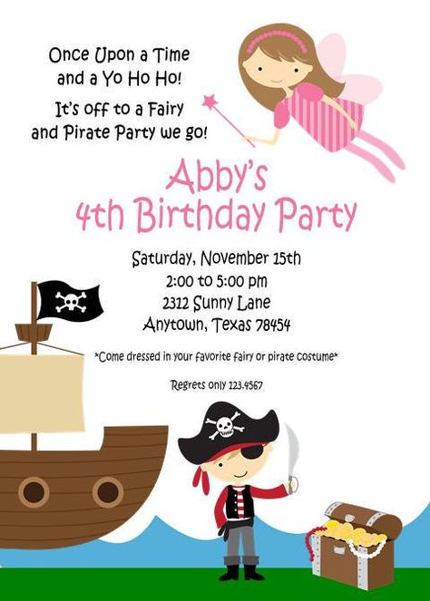 Fairy and Pirate Birthday Invitation by PaperMonkeyCompany on Etsy, $1.00 Fairies Party, Princess Pirate, Pirate Birthday Invitations, Fairy Invitations, Pirates Party, Birthday Plans, Pirate Boy, Tinkerbell Fairies, Birthday Boys