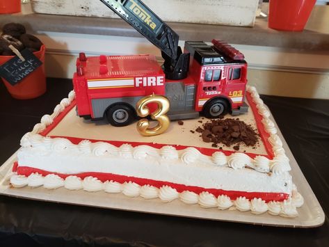 Firefighter Birthday Cake, Firefighter Birthday Cakes, Birthday Sheet Cake, Firetruck Cake, 3rd Birthday Boys, Firefighter Birthday, Birthday Sheet Cakes, Sheet Cake, Birthday Boy