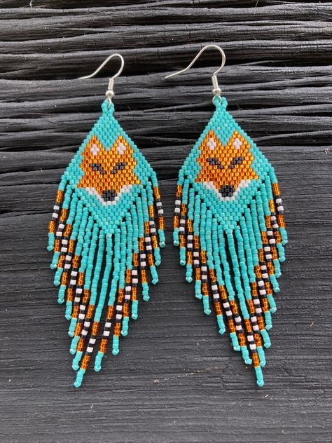 Handmade Beaded Earrings, Power Animal, Native American Beaded Earrings, Native Beadwork, Handmade Earrings Beaded, Long Fringe, Long Fringes, Animal Earrings, Native American Beading