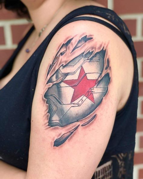 Winter Soldier Arm Tattoo, Marvel Patchwork Sleeve, Winter Soldier Star Tattoo, The Winter Soldier Tattoo, Marvel Themed Tattoos, Cool Marvel Tattoos, Winter Soldier Tattoo Ideas, Superman Tattoo For Men, Winter Soldier Symbol