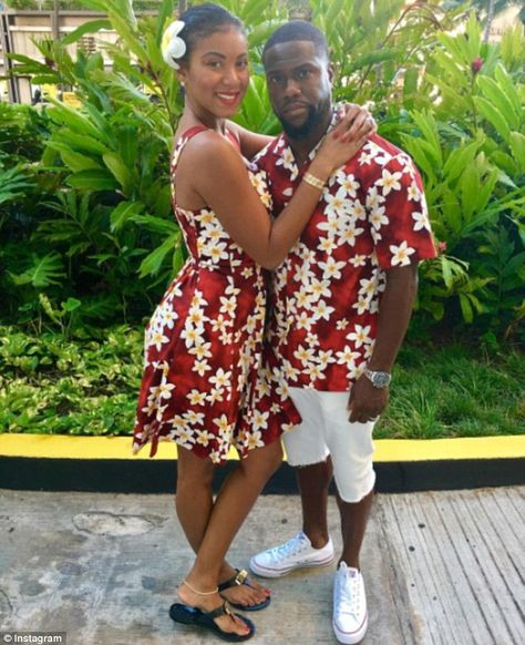 Good hubby: Kevin Hart reluctantly ¿ but good-naturedly ¿ posed with his new wife in the matching Hawaiian outfits she bought Hawaii Outfits Party, Bae Couples, Eniko Parrish, Luau Outfits, Hawaii Outfits, Champagne Bridesmaid Dresses, Hawaii Trip, Celebrity Pics, Kevin Hart