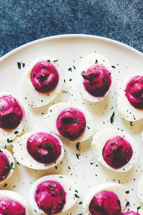 Beet Deviled Eggs {paleo} Beet Deviled Eggs, Fried Squash Blossoms, Light Eating, Recipe Appetizers, Vibrant Food, Easter Appetizers, Food Habits, Appetizer Platters, Appetizers Recipes