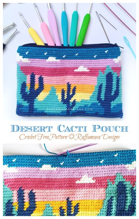 Tapestry Desert Cacti Pouch Crochet Free Pattern - Crochet & Knitting Crochet Pouches, Crochet Studio, Crafting Activities, Mochila Crochet, Bags Pattern, Crochet Pouch, Cozy Crochet, Tapestry Crochet Patterns, Simple Crochet