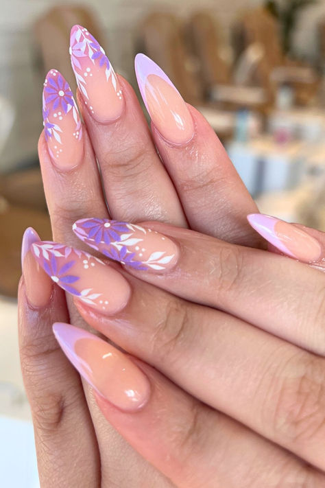 Flower Almond Nails Almond Gel X Nail Designs Summer, Mothers Day Nails Ideas Almond, Nails Almond Shape Purple, Nail Inspo Trendy 2024 Spring Almond, Almond Nail Ideas Simple, Nail Designs For Almond Shaped Nails, Acrylic Nail Designs Almond Shape, Purple Almond Nails Design, Almond Shape Nails Summer