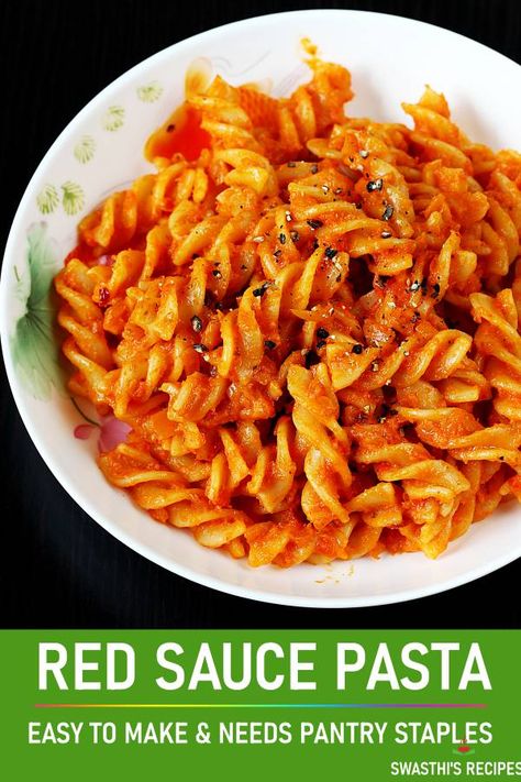 Easy red sauce pasta that is vegan, delicious and super quick to make. If you love quick meals, then give this a try! Needs just pantry staples! #pasta #vegan #redsaucepasta via @swasthi Easy Red Sauce Pasta, Easy Red Sauce, Pasta Recipes Vegetarian Indian, Red Sauce Pasta Recipe, Red Sauce Recipe, Red Pasta, Vegetarian Recipes Videos, Indian Vegan, Noodles Recipes