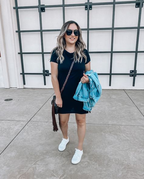 Black Tshirt Dress Outfit Summer, Black Shirt Dress Outfit Casual, Black Dress With Jean Jacket Outfit, Black T Shirt Dress Outfit, Casual Black Dress Outfit, Black Tshirt Dress Outfit, Tee Dress Outfit, Black Shirt Dress Outfit, Tee Shirt Dress Outfit