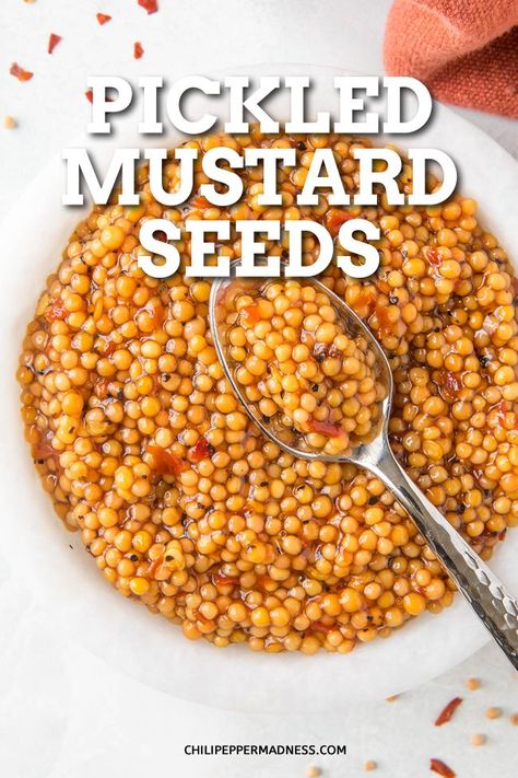 Pickled Mustard Seeds: How to Make Them - Pickled mustard seeds is a wonder condiment, delivering tiny bursts of vinegary-sweet flavor in each bite. Learn how to make it at home with this recipe. #Pickling #Mustard Mustard Seed Caviar, Mustard Seed Recipes, Pickled Mustard Seeds, Mustard Recipes, Cooking Veggies, Preserving Vegetables, Homemade Mustard, Chili Pepper Recipes, Homemade Hot Sauce