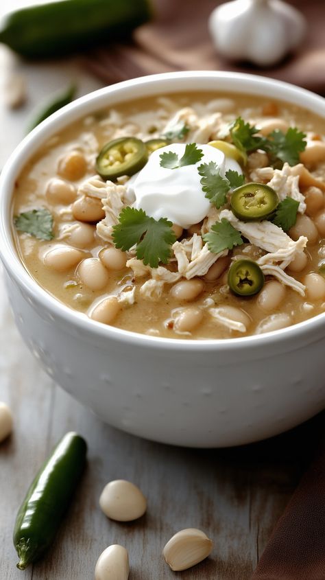 White Chicken Chili - Frau Virtin Creamy White Beans, White Bean Chicken Chili, White Chili Chicken Recipe, Traditional Chili, Diced Green Chilies, White Chicken Chili, White Chicken, White Bean, Chicken Chili