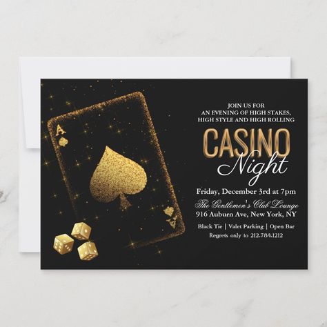 Casino Night Vegas Black and Gold Invitation Black And Gold Invitations, Casino Royale Theme, Casino Birthday, Vegas Birthday, Surprise Birthday Invitations, 40th Birthday Invitations, Gold Birthday Party, Vegas Casino, Casino Night