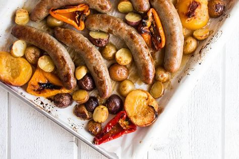 One Pan Sausage and Peaches with Potatoes and Peppers | My Kitchen Love Pan Sausage, Sausage And Potatoes, Leftover Potatoes, Seasoned Veggies, Sweet Italian Sausage, Sausage And Peppers, Easy Oven, Baby Potatoes, Quick Weeknight Meals