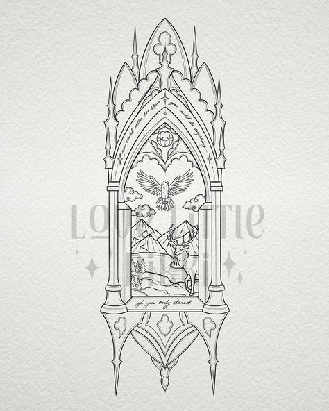 Absolutely massive design for the lovely Nicole 🌲🦌 this may be a new favorite, I’m absolutely obsessed! She wanted a scene looking through a cathedral window into the lands of Terrassen ✨ thank you so much for trusting me with this stunning piece! Swipe to check out some details 🦅 #throneofglass #sarahjmaas #tattooinspiration Windows Art Drawing, Broken Window Serenade Tat, Cathedral Window Tattoo, Stained Glass Window Tattoo, Gothic Windows Tattoo, Cathedral Tattoo, Arches Design, Book Inspired Tattoos, Window Tattoo