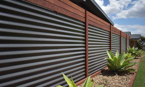 Commercial Fence Ideas, Property Privacy Fence Ideas, Property Wall Ideas, Corrugated Metal Fencing, Slip Fence Ideas Diy, Corrugated Fence Ideas, Metal Fencing Ideas Backyards, 8ft Fence Ideas, Modern Fencing Ideas