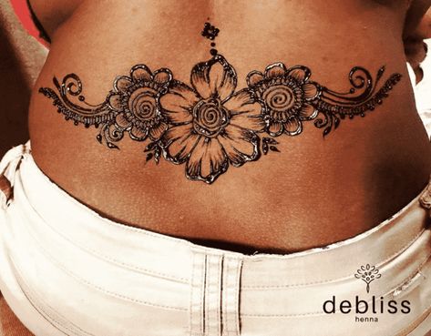 Henna On Lower Back, Henna Tattoo Designs Spine, Henna On Back Spine, Lower Back Henna Designs, Lower Back Henna, Henna Thigh Designs, Back Henna Designs Spine, Spine Henna Tattoo, Back Henna Designs