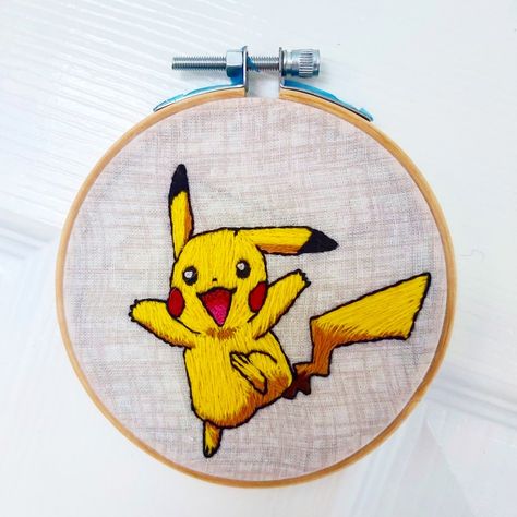 Pikachu Watercolor, Pikachu Embroidery, Hand Stitched Embroidery, Embroidery Wall, Embroidery Wall Art, Handmade Embroidery Designs, Hand Embroidery Projects, Handmade Embroidery, Hand Embroidery Stitches