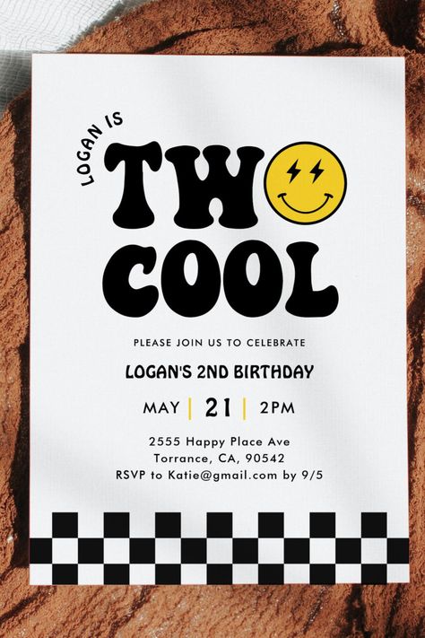 Two Cool Retro Boy 2nd Birthday party Invitation 2nd Bday Party Ideas For Boys, Two Year Old Birthday Party Boy Themes, 2 Cool Birthday Party Boy, Boy Second Birthday Themes, Two Birthday Theme Boy, 2 Year Birthday Theme Boy, Second Birthday Boy Themes, Boy Birthday Themes, Boy Second Birthday