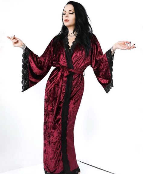 Foxblood Shop, Red Silk Robe, Goth Pajamas, Fancy Robes, Fuzzy Robe, Goth Outfit Ideas, Velvet Tie, Wardrobe Wishlist, Pajama Dress