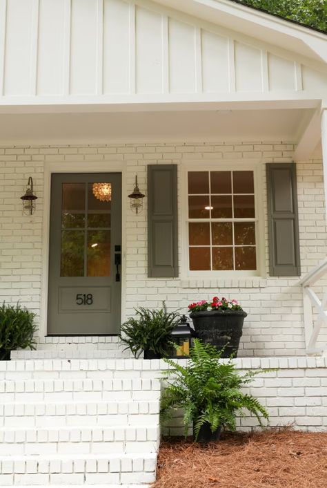 Exterior Paint Selections - Etsy Painted Brick House White Windows, Rental House Exterior, White Brick With Shaker Siding, Pale Yellow House With Shutters, White Smear Brick House, Shed Home Exterior Colors, 1980s Exterior House, Simple House Landscaping, White Siding Exterior With Shutters