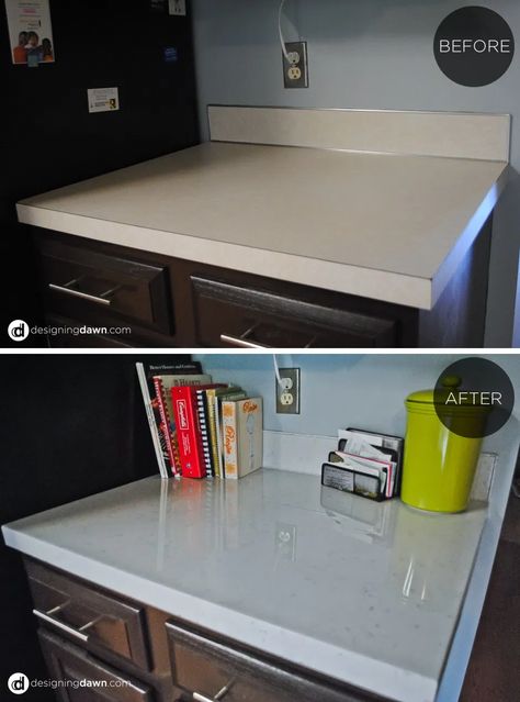 Remodelaholic | Glossy Painted Kitchen Counter Top Tutorial Painting Kitchen Countertops, Table Beton, Kitchen Remodel Countertops, Diy Kitchen Countertops, Outdoor Kitchen Countertops, House Hacks, Laminate Counter, Kitchen Countertop Materials, Home Remodeling Diy