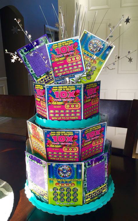 Lottery Cake- Birthday gift/Raffle ideas Made from scratch off Lottery tickets  and cardboard cupcake stand from party supply store.                                                                                                                                                     More Birthday Party Centerpieces For Adults, Retirement Birthday Party, Birthday And Retirement Party Ideas, Scratch Tickets Gift Ideas, Corporate Event Prizes, Dads Birthday Surprise Ideas, Mom's 75th Birthday Gift Ideas, 80th Bday Gift Ideas, Lottery Ticket Gift Ideas 18th Birthday