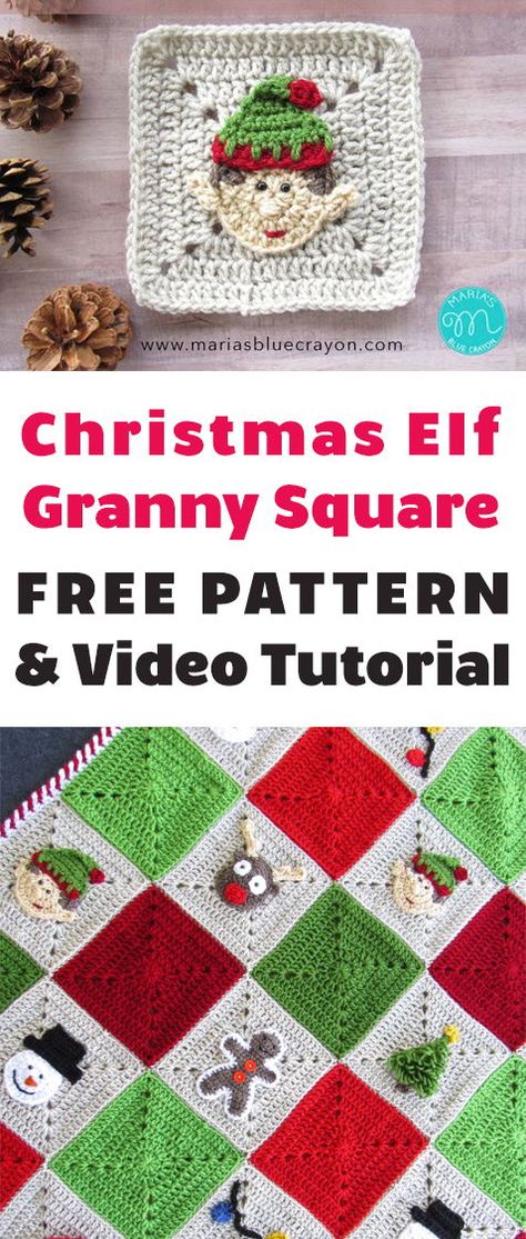 Crochet the Christmas Elf for the Christmas Granny Square Blanket. Find all the free patterns and video tutorials on Maria's Blue Crayon blog. #christmas #grannysquare #crochet #free #pattern #blanket #afghan #crochetblanket #crochetideas Christmas Granny Square Blanket, Christmas Granny Square, Crochet Christmas Lights, Granny Square Häkelanleitung, Tree Applique, Holiday Crochet Patterns, Christmas Crochet Blanket, Square Crochet Pattern, Blue Crayon