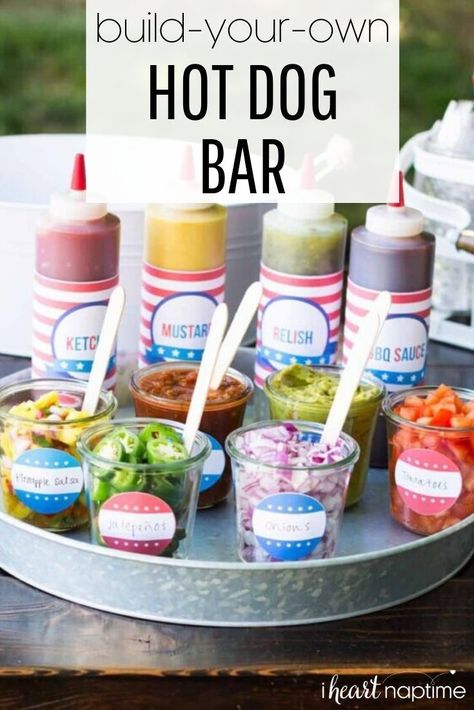 This hot dog toppings bar is the perfect way to celebrate with friends and family. Includes free printable downloads to make your get-together even more festive! #hotdog #hotdogtoppings #hotdogbar #entertaining #parties #summer #summerfun #buildyourown #4thofjuly #free #freeprintable #printable #iheartnaptime Hot Dog Bar Toppings, 4th Of July Party Ideas, Backyard Party Games, Toppings Bar, Hot Dog Toppings, Hot Dog Bar, Fourth Of July Food, July Baby, July Birthday