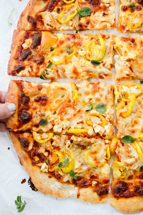 Spicy Chicken Feta Pizza - Simply Scratch Banana Pepper Pizza, Feta Cheese Pizza, Yogurt Pizza Dough, Chicken And Feta, Feta Pizza, Pepper Pizza, Chicken Feta, Sweet Potato Pizza, Banana Peppers