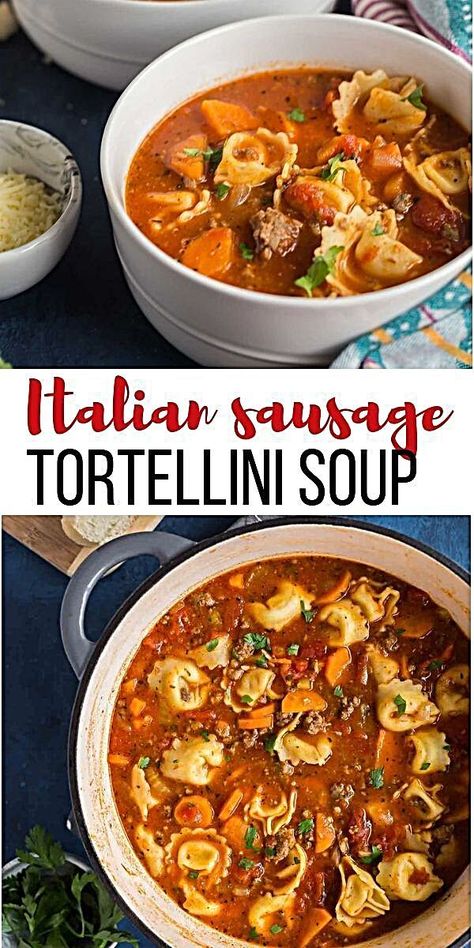 Tomato Soup Based Recipes, Crockpot Sausage Soup Recipes, Ital Soup, Ital Recipes, Loaded Sausage, Slow Cooker Tortellini Soup, Italian Sausage Tortellini Soup, Freezer Soups, Cold Weather Soup