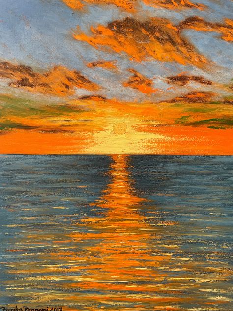 Handmade, original oil painting of a beautiful sunset over the ocean. There are brown and orange clouds in the blue, yellow, orange sky. The sun rays have made the center of the ocean colorful with the same colors of the sky. The ocean is calm. The painting radiates warm, comforting, romantic vibes. 18x 24 inches, oil paint on stretched canvas, unframed. You just can't stop looking at it! Marker Inspiration, Sunset Art Painting, Sunset Over The Ocean, Wool Painting, Inspiration Painting, Oil Pastel Art, Oil Pastel Drawings, Sky Painting, Young Professional