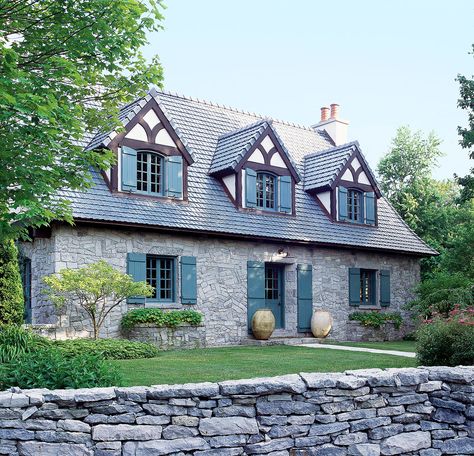 House Siding Options, Tudor House Exterior, Exterior Color Palette, Siding Options, English Architecture, Stone Wall Cladding, House Shutters, Brick Chimney, Tudor Style Homes