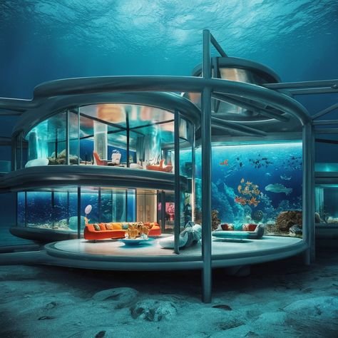 A stunning underwater photo of a futuristic aquatic home. The structure is built with glass and metal, blending seamlessly with the surrounding ocean. The interior is decorated with modern furniture and vibrant colors, reflecting light from the surface. A large aquarium serves as a wall, filled with a variety of exotic marine life. The overall atmosphere is both serene and sophisticated, offering a unique living experience in harmony with the ocean. Cool Home Aquariums, Aquarium Interior, Underwater Home, Underwater Room, Epoxy Floor Designs, Large Aquarium, Underwater House, Island Homes, Speculative Design