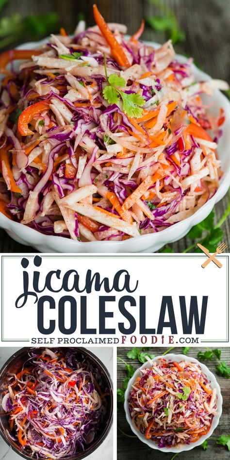 Jicama Recipe, Jicama Slaw, Healthy Vegetable Recipes, Cole Slaw, Slaw Recipes, Coleslaw Recipe, Vegan Salad, Healthy Salad Recipes, Coleslaw