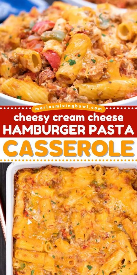 Once you try this dinner idea for tonight, you'll want to have it on repeat! Loaded with ground beef, veggies, plus extra layers of creamy goodness, this Cheesy Cream Cheese Hamburger Pasta Casserole is the BEST. Save this pasta bake recipe and enjoy this main dish! Hamburger Cream Cheese Recipes, Cream Cheese Dinner Recipes, Hamburger Pasta Casserole, Pasta With Hamburger, Hamburger Pasta Recipes, Hamburger Pasta, Cheese Casserole Recipes, Cream Cheese Spaghetti, Baked Cream Cheese Spaghetti