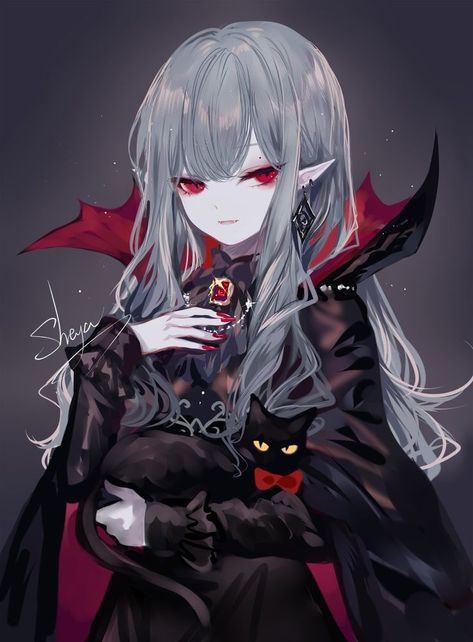 Parted Lips, Pointy Ears, Black Cape, Cat Black, Grey Background, Hair Long, Red Eyes, Silver Hair, Upper Body