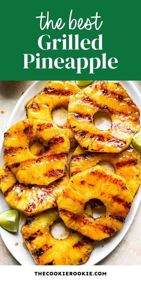 Add some sweetness to your BBQ with Grilled Pineapple! Chili powder, lime juice, and brown sugar create a delicious sweet, citrus-y, and slightly spicy flavor. Perfect with grilled meats and BBQ dishes. Pop over to my site for the recipe! Grilled Pineapple In Oven, Grilled Pineapple Bowl, Grilled Pineapple With Cinnamon, Grilled Pineapple Salsa Recipe, Grilled Pineapple Recipe, Grilled Pineapple Salsa, Grilled Wings, Marinating Chicken Breast, Bbq Dishes