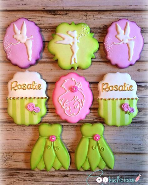 Tinker Bell  #faithtrustandpixiedust #happybirthday #decoratedcookies #cookielicious #buffalocookies #rolkemgold Tinkerbell Cookies Decorated, Tinkerbell Cookies, Blue Binder, Dress Cookies, Tinkerbell Birthday, Tinkerbell Cake, Peter Pan Party, Cartoon Cookie, Princess Cookies