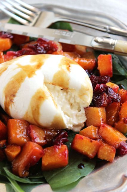 Simple and ready in minutes...this Roasted Butternut Squash Cranberry and Burrata Salad will wow your guests this holiday season. Butternut Squash And Cranberries, Roasting Butternut Squash, Butternut Squash Cranberry, Burrata Salad Recipe, Butternut Squash Salad, Burrata Salad, Thanksgiving Recipe, Burrata Cheese, Appetizers Recipes