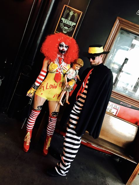 Deranged Ronald McDonald & the Hamburglar Evil Ronald Mcdonald Costume, Chuckie Womens Costume, Scary Ronald Mcdonald Makeup, Womens Scary Clown Costume, Authentic Halloween Costumes, Evil Couples Costumes, Ronald Mcdonald And Hamburglar Costume, Ronald Mcdonald Halloween Costumes, Diy Ronald Mcdonald Costume