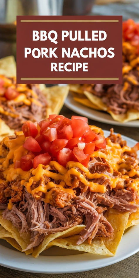 BBQ pulled pork nachos are the ultimate comfort food—crispy chips topped with tangy pulled pork, gooey cheese, and a delicious mix of toppings. Perfect for parties or game day! Dips With Pulled Pork, Pulled Pork For Nachos Crock Pot, Pulled Pork Nacho Bar, Pork Nachos Pulled, Pulled Pork Appetizer Ideas, Bbq Nachos Recipe Pulled Pork, Pulled Pork Bar, Pulled Pork Ideas, Pulled Pork Bowl