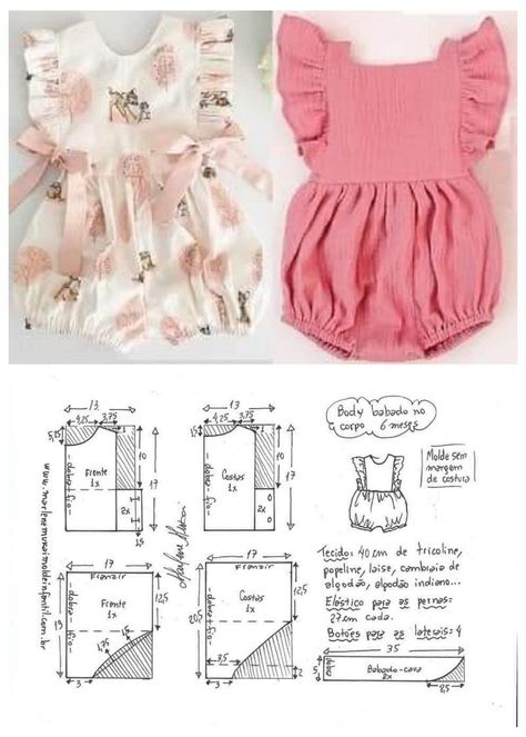 Marlene mukai Enterizo para bebé Toddler Dress Patterns, Romper Sewing Pattern, Baby Clothes Patterns Sewing, Girls Clothes Patterns, Kids Clothes Patterns, Diy Baby Clothes, Sewing Baby Clothes, Girls Dress Sewing Patterns, Sewing Kids Clothes