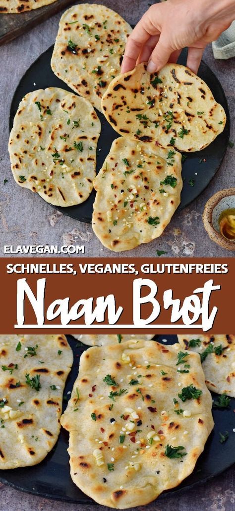 Für dieses Naan Brot werden nur 6 vegane Grundzutaten und etwa 20 Minuten Zeit benötigt. Indisches Fladenbrot ist unglaublich einfach herzustellen und da mein Rezept zudem hefefefrei ist, ist es auch superschnell. Außerdem ist dieses Rezept pflanzlich (ohne Butter und Eier) und glutenfrei. Vegan Naan Bread, Gluten Free Naan Bread, Gluten Free Naan, Vegan Naan, Vegan Flatbread, Glutenfri Baking, Gluten Free Flatbread, Indian Flatbread, Recipes With Naan Bread