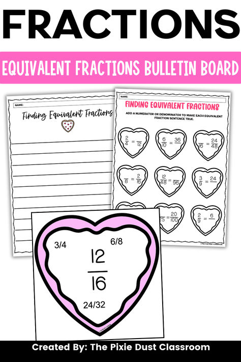 Make teaching finding equivalent fractions fun this Valentine’s Day with this engaging, hands-on activity! This finding equivalent fractions bulletin board activity includes a fraction heart activity, a fraction treat box visual representation activity, a writing assignment, and an extra finding equivalent fraction practice page. Make your math block easy with these ready to go resources! Fractions Bulletin Board, Fraction Activity, Math Fraction Activities, Finding Equivalent Fractions, Fraction Practice, Adding Fractions, Fraction Activities, Math Blocks, Fifth Grade Math