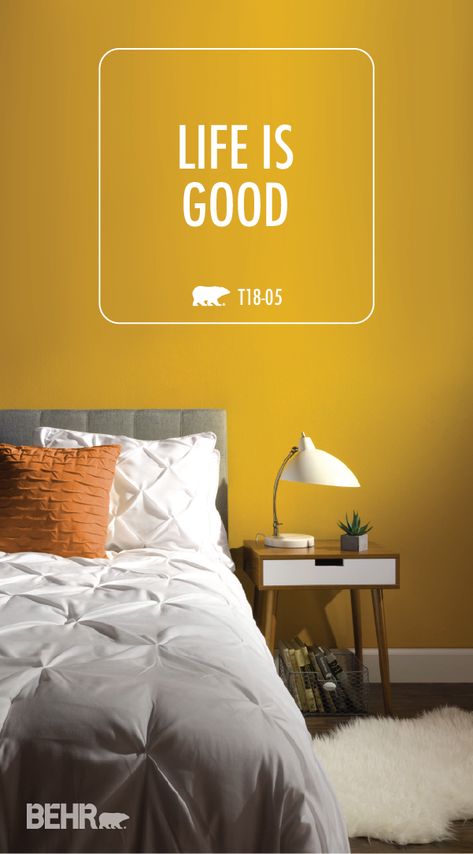 Brighten your day with BEHR Paint in Life Is Good from the BEHR 2018 Color Trends collection. This bright yellow color gives this bedroom a vibrant, happy style while neutral accents create balance. Use mid-century modern furniture to recreate the minimalist style of this room in your home. Click below for more inspiration. Bedroom Paint Colors Behr, Paint Colors Behr, Yellow Painted Furniture, Color Spotlight, Yellow Accent Walls, Yellow Paint Colors, Behr Colors, Behr Paint Colors, Accent Wall Paint