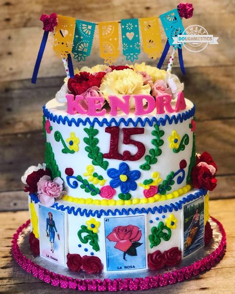 Loteria Theme Cake, Loteria Cake Ideas, Loteria Themed Birthday Party, Mexican Theme Sheet Cake, Loteria Cookies Decorated, Square Mexican Theme Cake, Mexican Theme Party Decorations, Quince Cakes, Mexican Birthday Parties