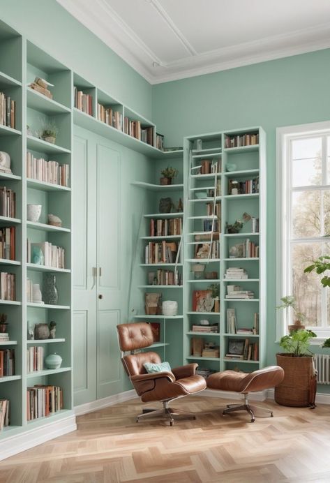 Create a timeless library with 2024's Retro Mint paint! 📚✨ Embrace vintage charm and modern style in your reading sanctuary. Check out the soothing hues now! #LibraryDesign #HomeLibrary #RetroMintPaint #InteriorInspiration #TimelessStyle Mint Paint Colors, Reading Sanctuary, Mint Bedding, Mint Paint, Kitchen Color Palettes, Design Color Trends, Mint Walls, Mint Rooms, Fall Furniture