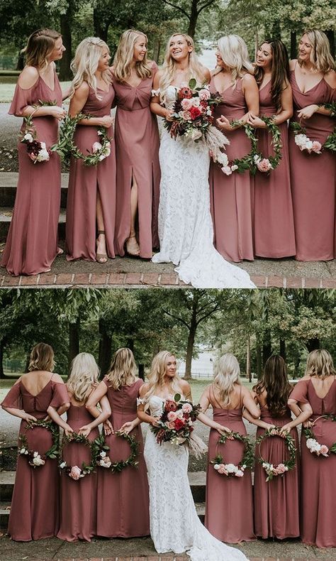 Same Color Different Style Bridesmaid, Different Style Bridesmaid Dresses, Dresses For Fall Wedding, Bridesmaid Dresses For Fall, Dusty Rose Wedding Theme, Bridesmaid Dress Color Schemes, Dusty Rose Bridesmaid Dress, Dusty Rose Wedding Colors, Rose Wedding Theme