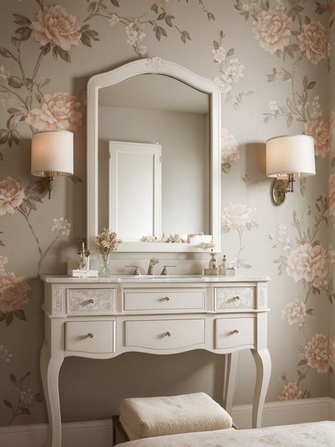 Create a romantic atmosphere in your bedroom by adding a wallpaper accent wall with a delicate floral pattern. Pair it with a vintage-inspired vanity table and soft, dimmable lighting for a truly enchanting space. Vintage Feminine Bedroom, Girl Floral Bedroom, Vanity Table Vintage, Floral Wallpaper Bedroom, Vintage Bedroom Decor, Floral Bedroom, Feminine Bedroom, Deco Studio, Romantic Room