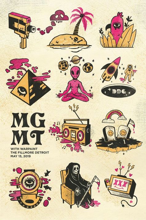 Mgmt Poster, Tattoo Posters, School Illustration, Gig Poster, Old School Tattoo Designs, Tattoo Flash Art, Mgmt, Flash Art, Band Posters