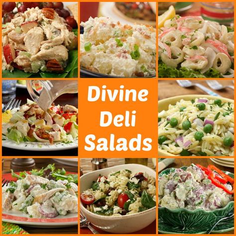 56 Divine Deli Salads. Bring these deli salad recipes to your next picnic, BBQ or potluck. Everyone will love these easy and tasty side dish recipes! Types Of Salads, Deli Salad, Deli Salads, Hot Chicken Salads, Baked Potato Salad, Different Salads, Cold Salad, Deli Food, Coleslaw Recipe